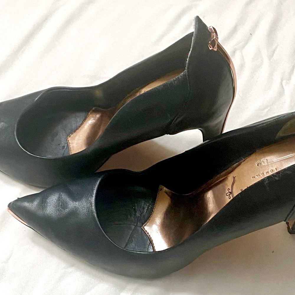 Ted Baker Black Pointed Toe Heels with Gold Accents